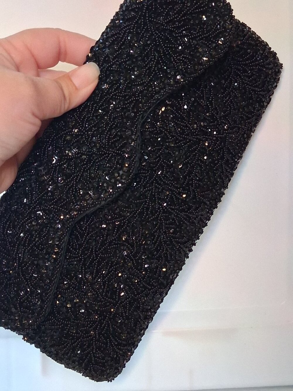 Elegant Vintage Bon Soir Black Beaded Clutch Evening Bag Hand Made Hong Kong